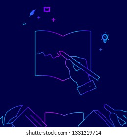 Handwriting, Hand Holding a Pencil Vector Line Illustration. Writing, Education Gradient Icon, Symbol, Pictogram, Sign. Dark Blue Background. Light Abstract Geometric Background. Related Bottom Border
