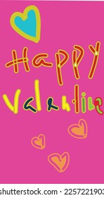 A handwriting Happy Valentine's Day message with heart symbols. It is a useful resource for design ideas, celebrations, and keeping good memories. It has a pink background, colorful text that cheer up