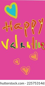 A handwriting Happy Valentine's Day message with heart symbols. It is a useful resource for design ideas, celebrations, keeping good memories. It has a pink background and colorful text that cheer up
