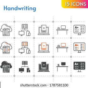 handwriting icon set. included cloud, desktop, test, school, learn icons on white background. linear, bicolor, filled styles.
