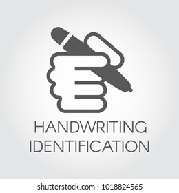 Handwriting identification flat icon. Hand holding pen and writing signature. Conclusion contract or modern authentication technology concept. Graphic logo. Simple black label. Vector contour graphics