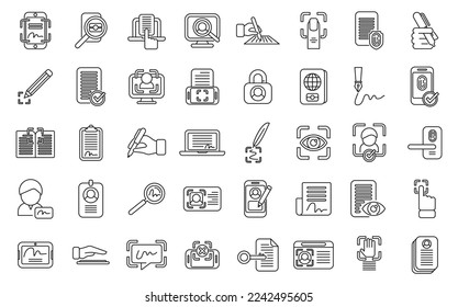 Handwriting identification icons set outline vector. Access approve. Biometric finger