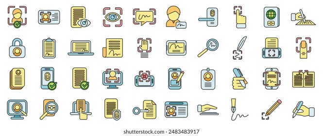 Handwriting identification icons set outline vector. Access approve. Biometric finger thin line color flat on white