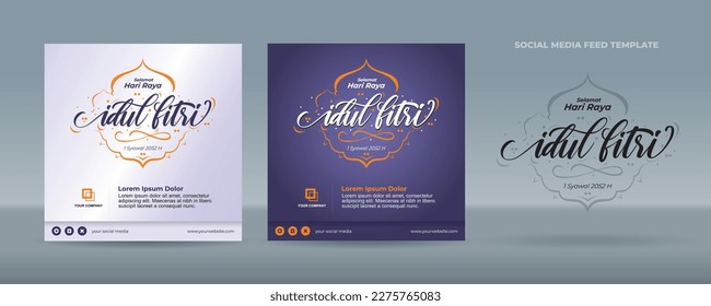 Handwriting Idul Fitri or Eid Mubarak greetings with orange ornament on purple gradient background - Flat design template for social media feed post