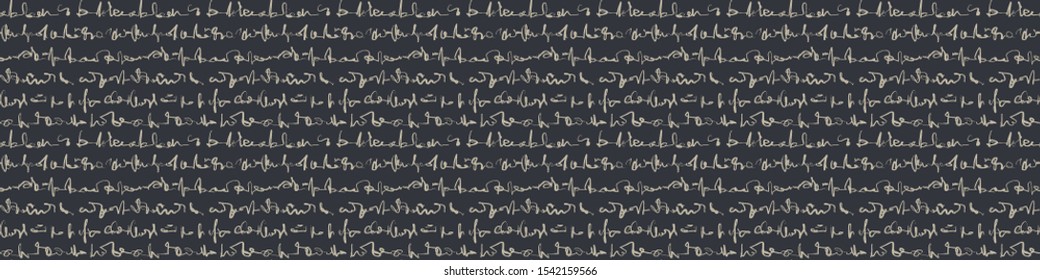 Handwriting Illegible Text Texture Border Background. Vertical Letter Line Seamless Pattern Bordure. Monochrome Blackboard Style Repeatable Edging.. Scrawl Scribble Script Ribbon Trim. Vector Eps 10