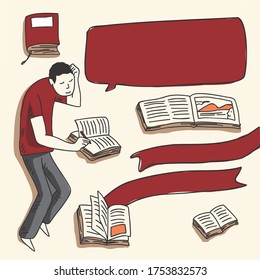 handwriting illustration of learning from home by reading books