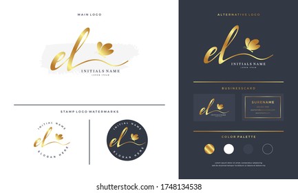 Handschrift Erstschrift des Buchstaben EL E L Logo Design mit Schmetterling. Feminine Brandung für Schönheitssalon, Massage, Kosmetik oder Spa in goldener Farbe.