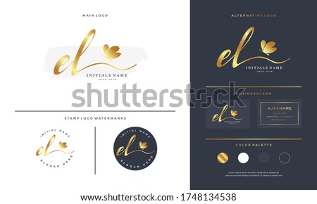 handwriting initial of letter EL E L logo design with butterfly. Feminine branding for beauty salon, massage, cosmetics or spa on gold color. Stock fotó © 