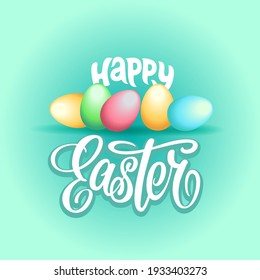 Handschriftliche Inschrift Frohe Ostern. Vorlage Vektorkarte mit Eiern. Schrift, Kalligrafie.