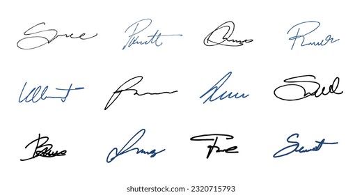 Handwriting isolated signature set. Vector pack with isolated imaginary personal handwriting scribble signatures.