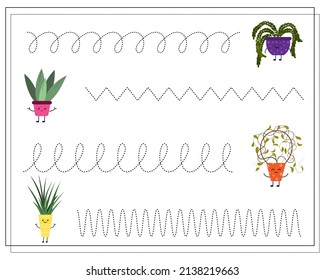 A handwriting learning game for kids, point to point. Cute cartoon kawaii flower pots. vector isolated on a white background.