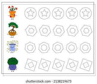A handwriting learning game for kids, point to point. Cute cartoon kawaii flower pots. vector isolated on a white background.