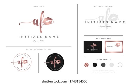letra manuscrita AF A F Plantilla inicial del logotipo para el beso con lápiz labial. Marca femenina para hembra, labios, maquillaje, muchacha o boca