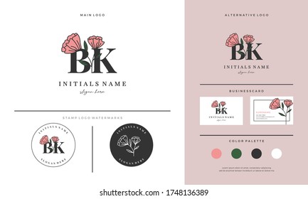 handwriting letter BK B K initial logo design with roses for beauty or botanical. Feminine rose style vector template