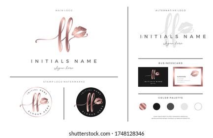handwriting letter FF F Initial logo template for lipstick kiss. Feminine branding for female, lips, makeup, girl or mouth