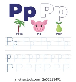 Handwriting with the letter P for preschool and school age. Vector illustration in a flat style