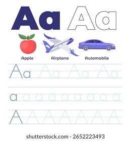 Écriture manuscrite avec la lettre A pour l'âge préscolaire et scolaire. Illustration vectorielle à plat