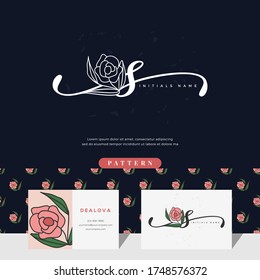 handwriting letter S logo design with rose for beauty or botanical. Feminine style vector template