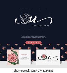 handwriting letter U logo design with rose for beauty or botanical. Feminine style vector template