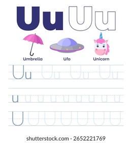 Manuscrito com a letra U para a idade pré-escolar e escolar. Ilustração vetorial em estilo plano