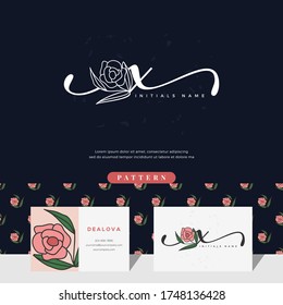 handwriting letter X logo design with rose for beauty or botanical. Feminine style vector template