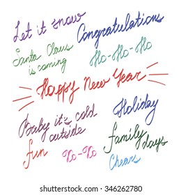 Handwriting lettering, Happy New Year and Merry Christmas, set, phrases, words, greetings card for family and friends