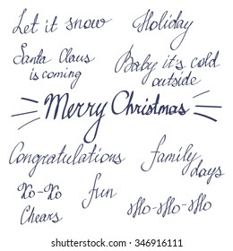 Handwriting lettering, Happy New Year and Merry Christmas, set, phrases, words, greetings card for family and friends