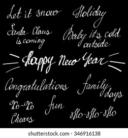 Handwriting lettering, Happy New Year and Merry Christmas, set, phrases, words, greetings card for family and friends