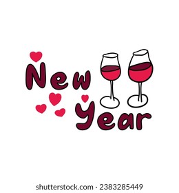 Handwriting lettering on retro style for card, t-shirts, posters, etc. Red, pink, black. New year on square shape. Vector design banner.