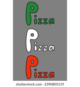Handwriting lettering on retro style with piece of pizza for card, t-shirts, posters, etc. White, green, red, grey, black. Pizza on square shape. Vector design banner.