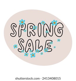 Handwriting lettering on retro style for card, t-shirts, posters, etc. White, black, purple, beige. Lettering, flowers. Spring sale on square shape. Vector design banner.