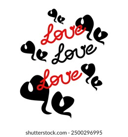 Handwriting lettering on retro style for card, t-shirts, posters, etc. Hearts, Love letters. Red, black, white. Lettering, line art. Vector. Valentine's Day. Vector design banner.