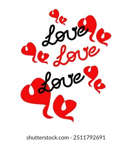 Handwriting lettering on retro style for card, t-shirts, posters, etc. Hearts, Love letters. Red, black, white. Lettering, line art letters. Vector. Valentine's Day. Vector design banner.