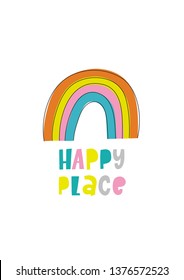 Handwriting lettering quote - Happy place.  Cute vector illustration. Hand drawn vector illustration for posters, cards, t-shirts.