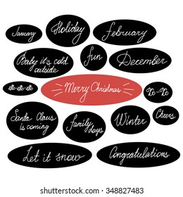 Handwriting lettering set, Happy New Year and Merry Christmas, set, phrases, words, congratulations, greetings card for family and friends