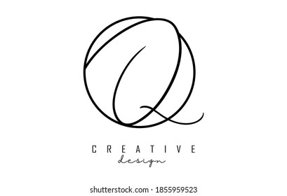 Handwriting letters Q logo design with simple circle vector illustration. Creative icon with letter Q.