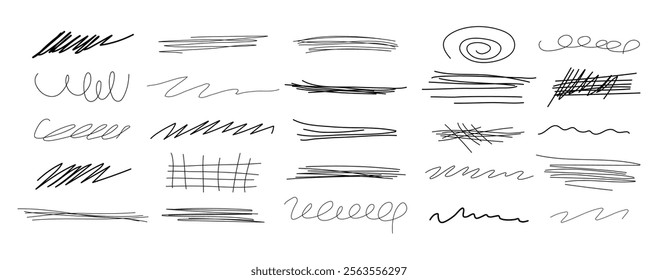 Handwriting, lines, marker stroke. Sketch and draft of signs, shape, elements. Doodle. White background. Isolated. Editable doodles and sketches. Minimalist set. Blobs. Swirl. Pencil. Brushing strips