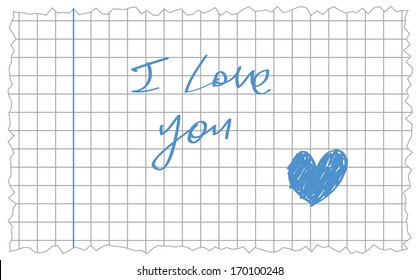 hand-writing i love you and hand drawn blue heart date on clean white notebook sheet with rough edges