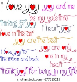 Handwriting I love you, heart, my sweetheart, you are the best, my darling, I love you to the moon and back, Thank you for being in my life vector text decorated with hearts on white background