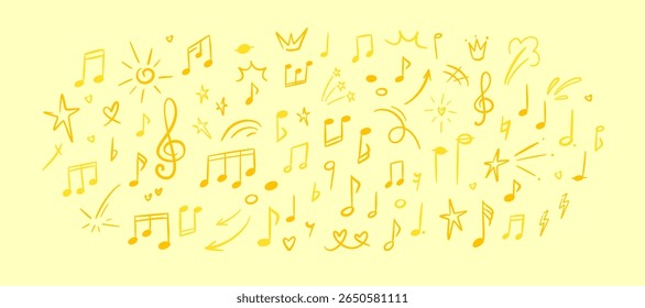 Handwriting music note, key and symbol colorful background. Italian summer festival poster. Lime and lemon colored pattern. Childish crayon scribbles. Classic musician concert.Kindergarten and school