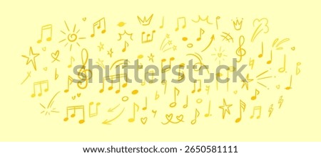 Handwriting music note, key and symbol colorful background. Italian summer festival poster. Lime and lemon colored pattern. Childish crayon scribbles. Classic musician concert.Kindergarten and school