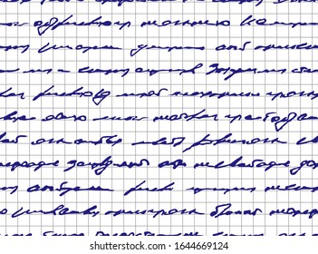 Handwriting on grid paper. Written in blue paste on checkered texture for school concept. Inscription pen on sheet in cells. Vector seamless pattern. Repeating scribble background for design prints