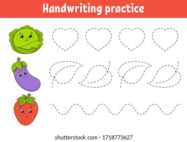Handwriting pactice. Education developing worksheet. Activity page. Fruits and vegetables. Color game for children. Isolated vector illustration. Cartoon character.