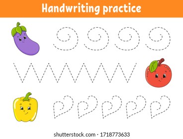 Práctica de escritura a mano. Hoja de trabajo de desarrollo de la educación. Página Actividad. Frutas y verduras. Juego de colores para niños.Ilustración vectorial aislada. Caricatura.