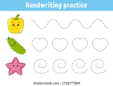 Práctica de escritura a mano. Hoja de trabajo de desarrollo de la educación. Página Actividad. Frutas y verduras. Juego de colores para niños.Ilustración vectorial aislada. Caricatura.