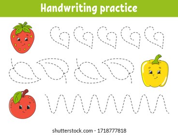 Handwriting pactice. Education developing worksheet. Activity page. Fruits and vegetables. Color game for children. Isolated vector illustration. Cartoon character.