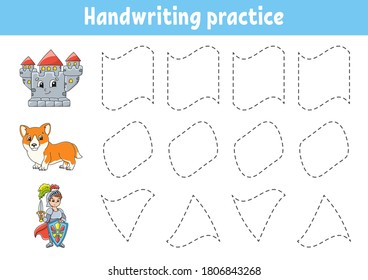 Práctica de escritura a mano. Educación desarrollando hoja de trabajo. Actividad. Juego de colores para niños. Ilustración vectorial aislada. Caricatura.