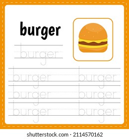 Práctica de escritura a mano. Educación desarrollando hoja de trabajo. Actividad.  Rastrear juego para niños. Ilustración vectorial aislada. Caricatura. Burger