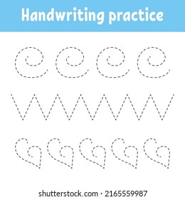Handschriftliche Praxis. Arbeitsblatt für die Erziehung. Aktivitätsseite. Farbspiel für Kinder. Einzige Vektorgrafik. Zeichentrickfigur.