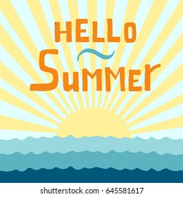 Handwriting phrase Hello summer on background of hand drawn sun and sea. Vector eps 10.